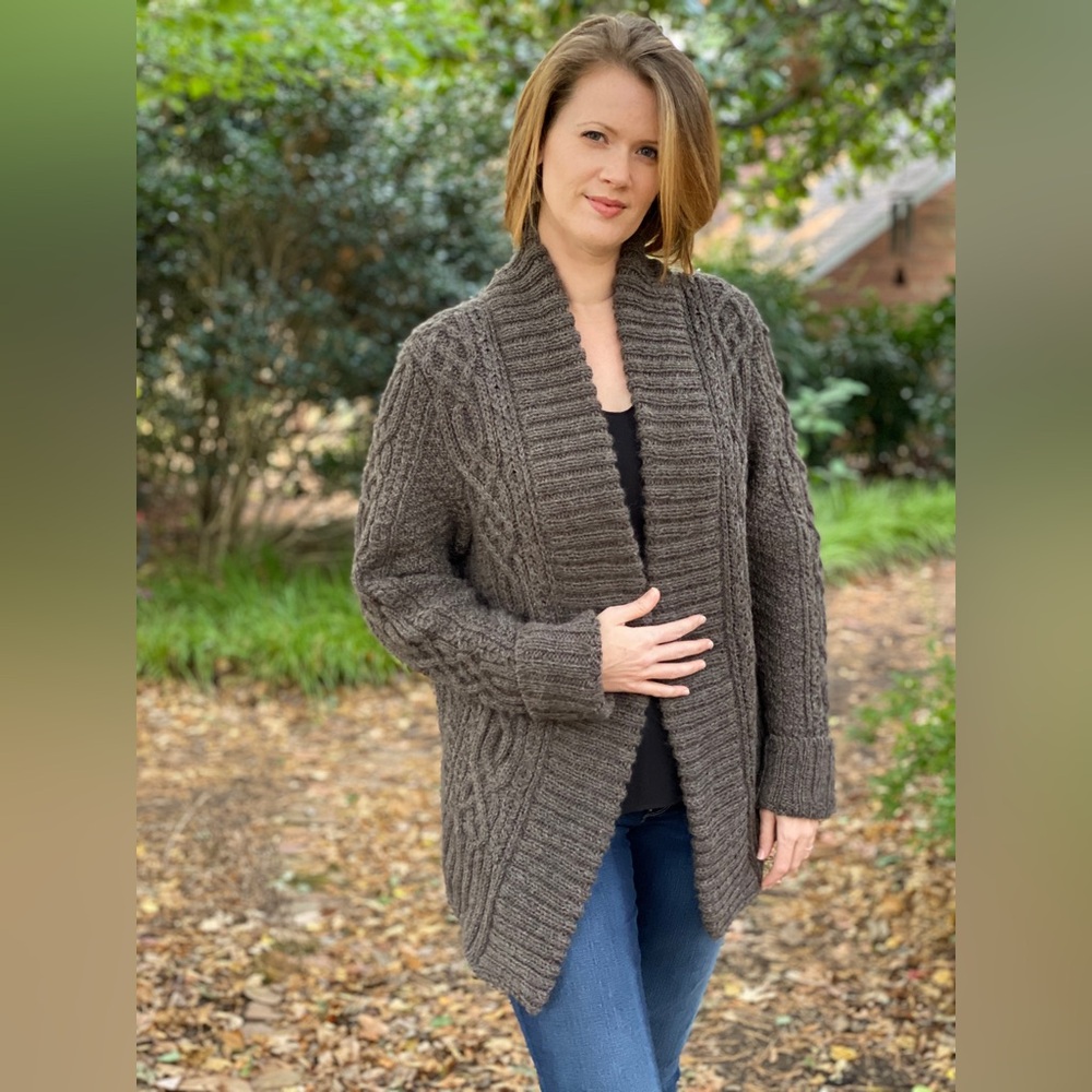Handmade hand knit  Cardigan sweater brown cable M/L